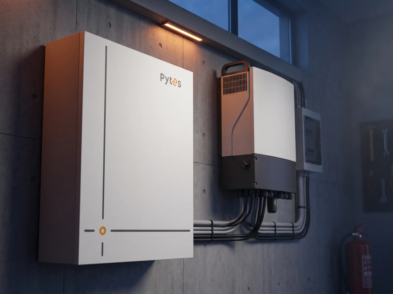 Pin Pytes V16 lắp cạnh inverter hybrid trên tường phòng kỹ thuật